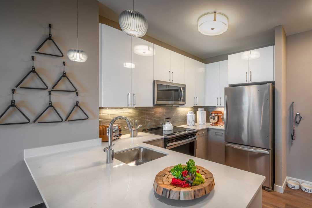 Modern kitchen featuring stainless applicances, designer cabinetry, beautiful countertops and fixtures.