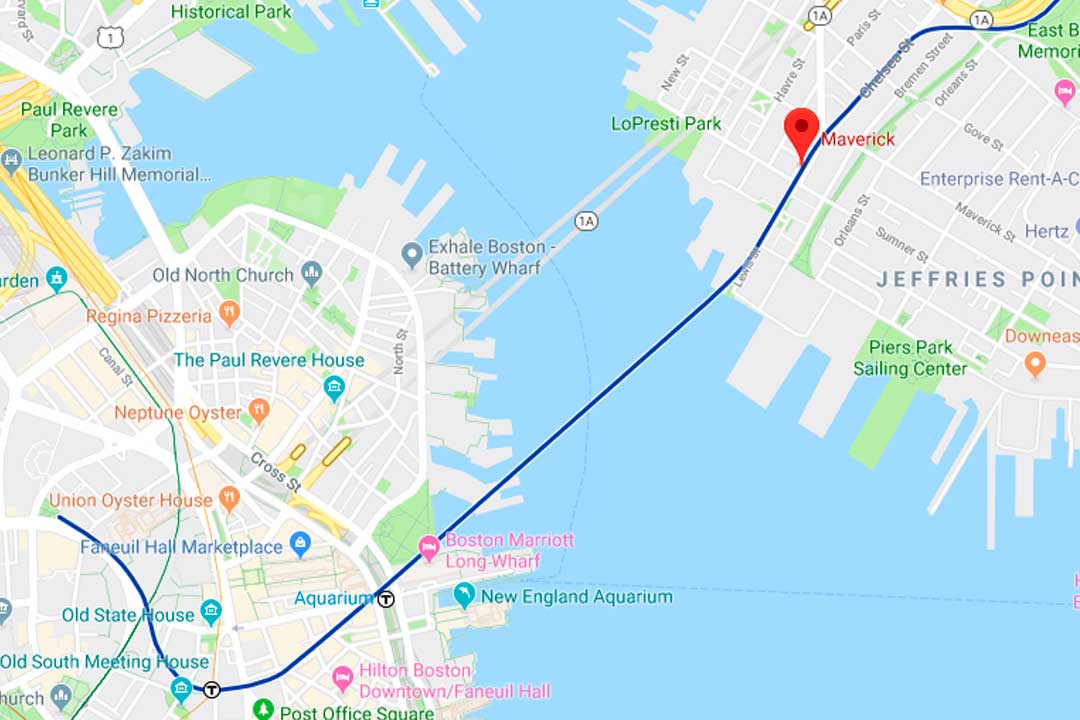 Map shows easy commute from Maverick Station to Downtown Boston