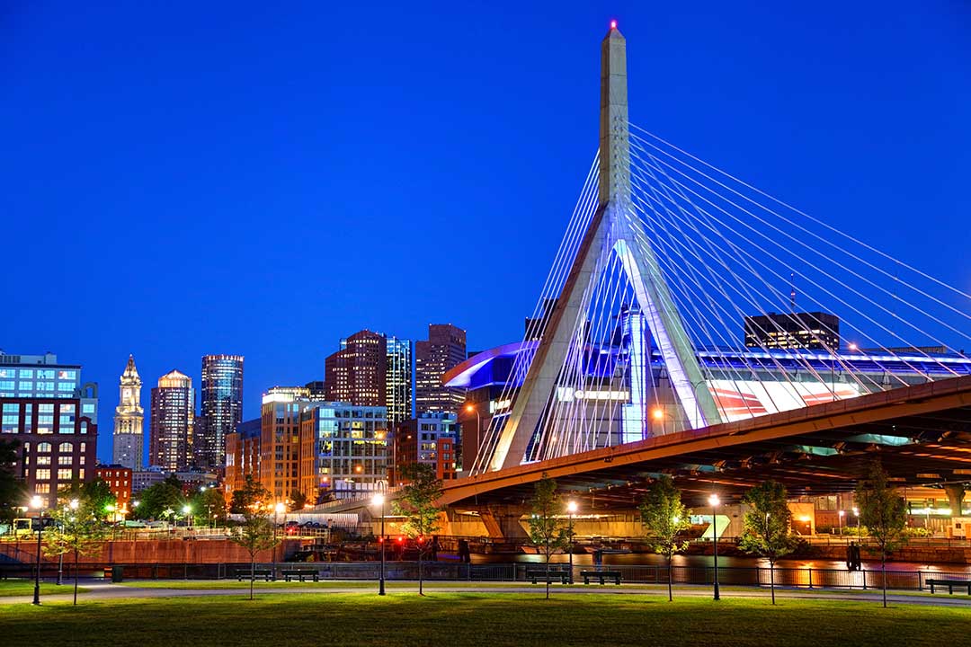 Zakim beidge at night viewed from Paul Revere Park looking at the West End.