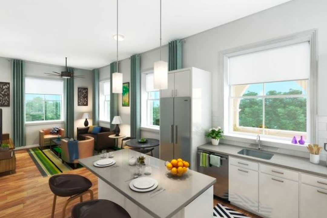 Model apartment: modern kitchen and fixtures, lots of windows,