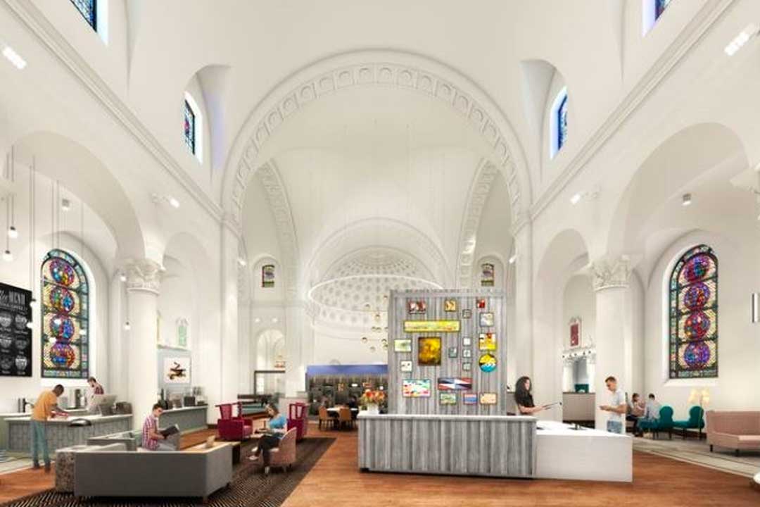 Common spaces with grand high-arched ceilings, vendor spaces.