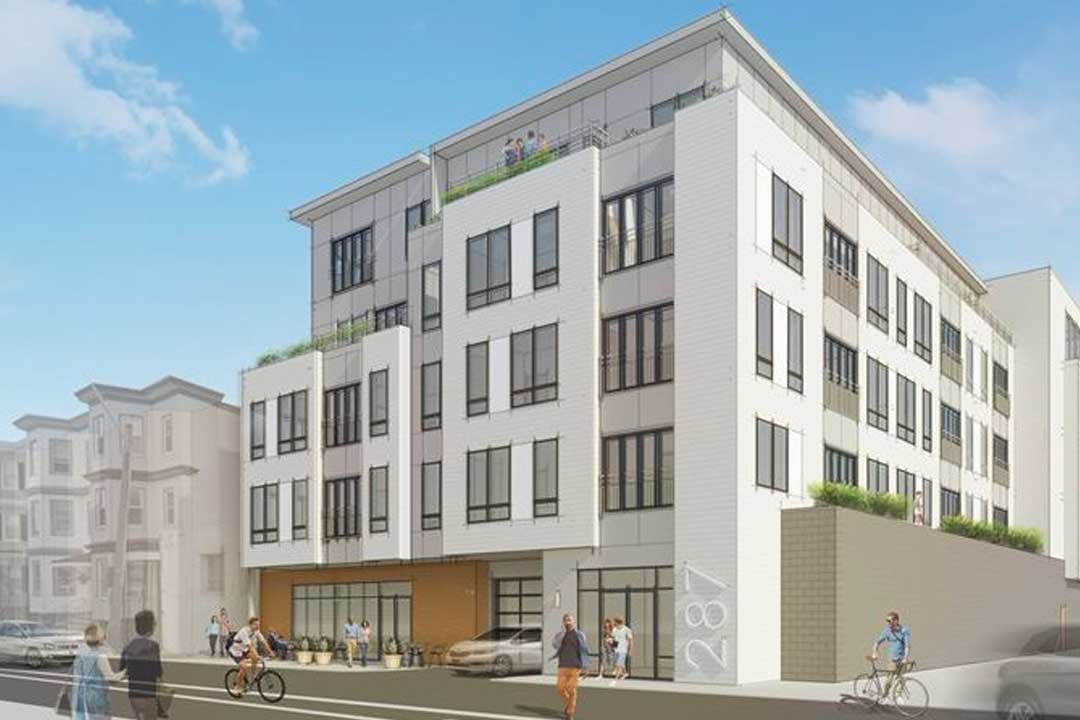 Exterior rendering shows a modern 5 story building lots of large windows.