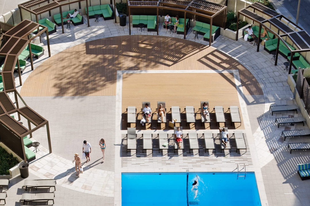 Aerial view of pool and large patio area.