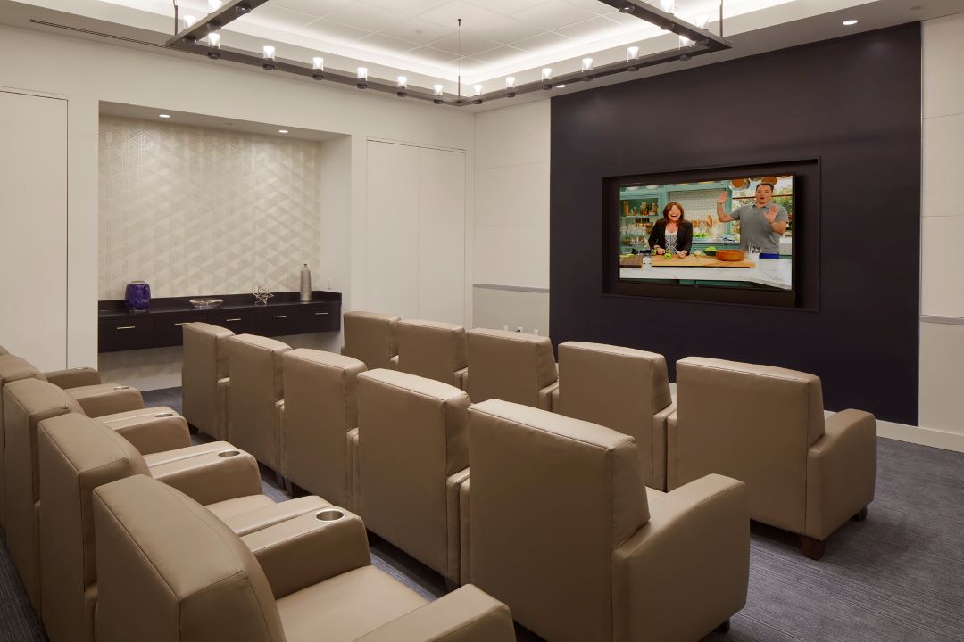 theater with stadium seating and large tv