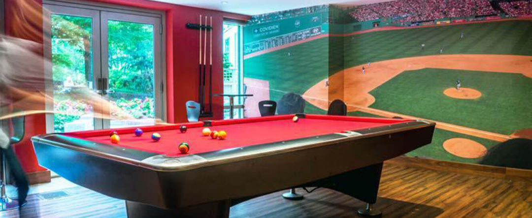 Game Room with pool table and bight colors