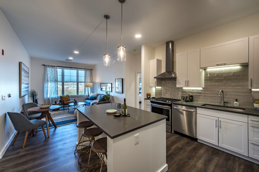 Open floor plan living room leading to kitchen