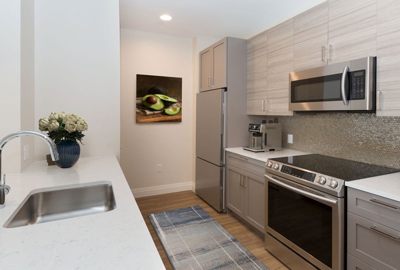 Modern kitchen with steel appliances, designer cabinetry and luxury plank flooring.