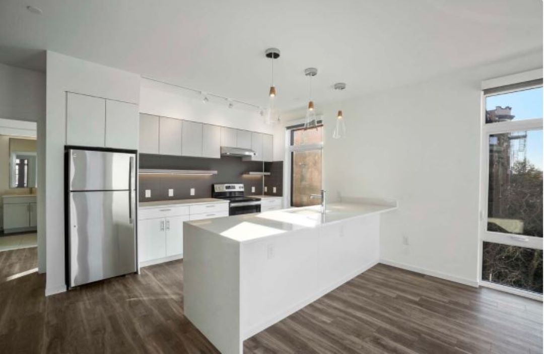 modern, white kitchen at 839 Beacon St.