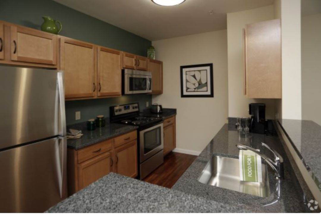 Kitchen with granite-style countertops, refrigerator, electric stove and oven, microwave