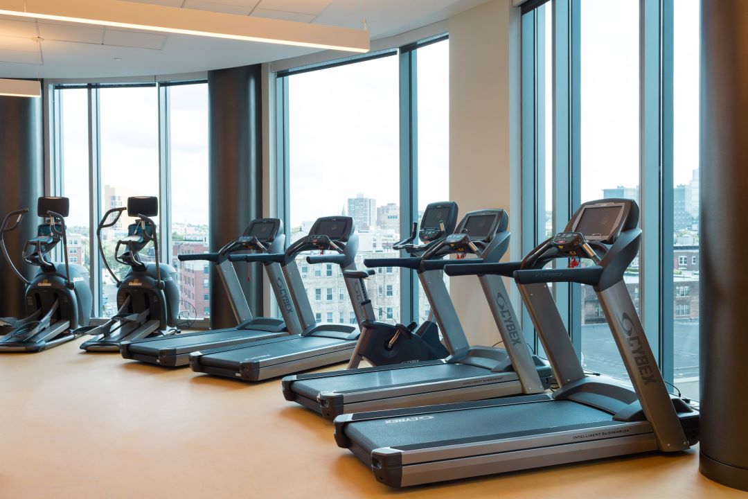 Fully equipped gym with cardio and lifting equipment and skyline views