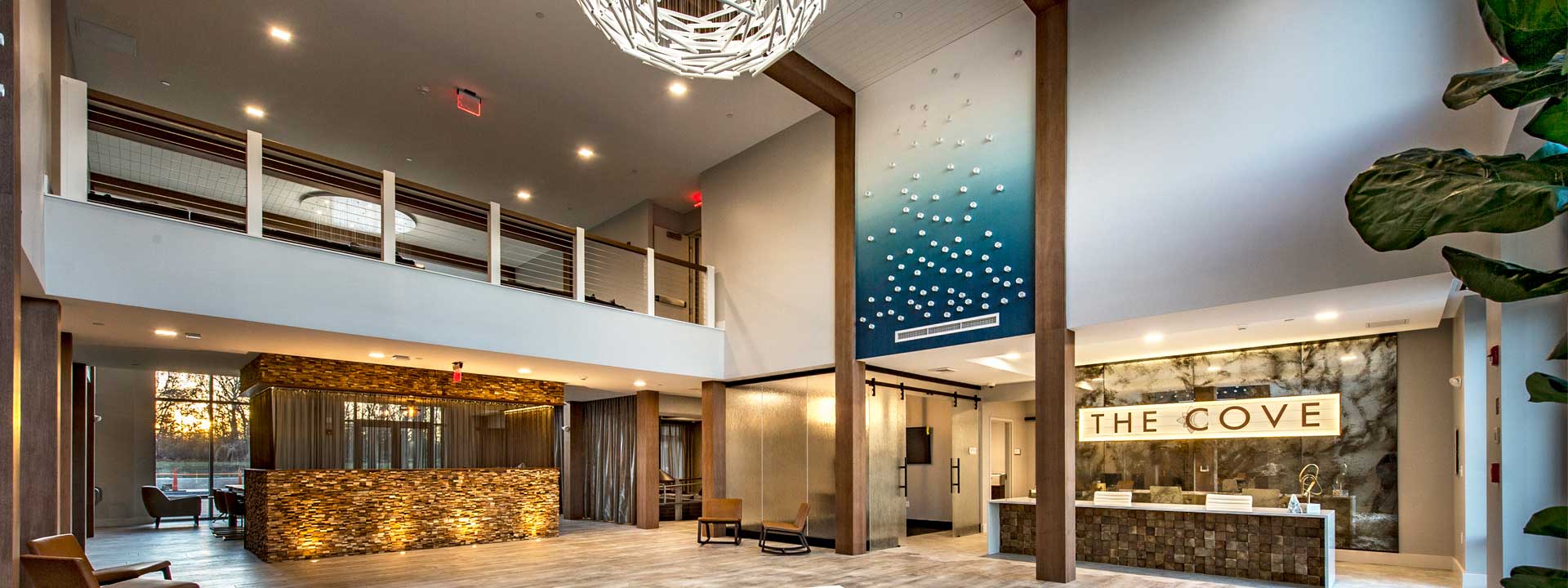 Large, open, modern lobby with an kind of ocean theme