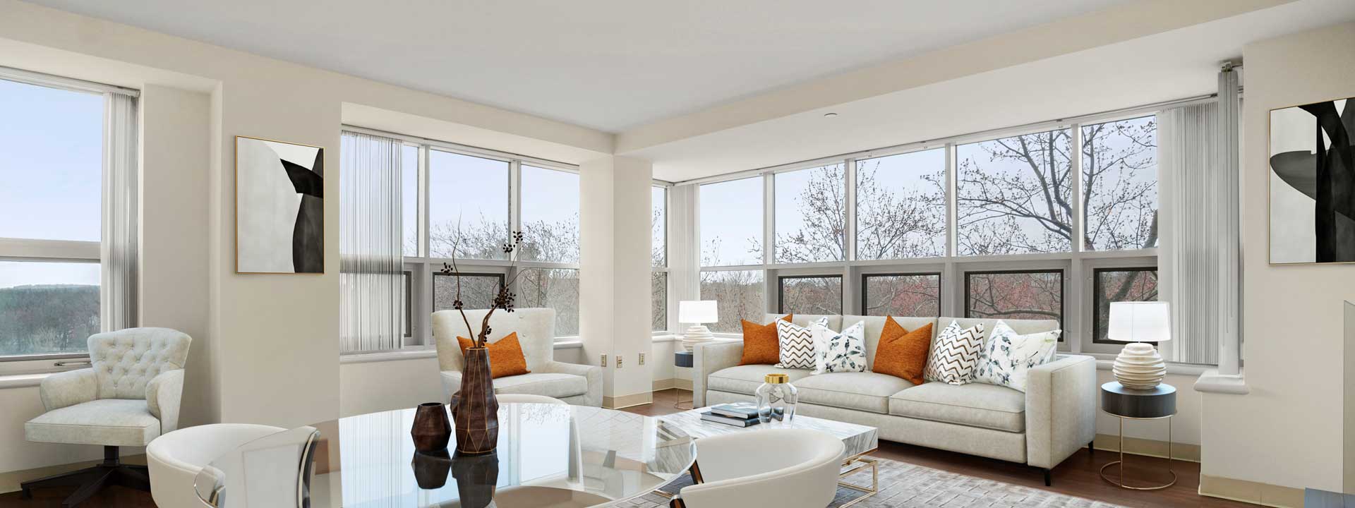Modern design, oversized windows, luxury living.
