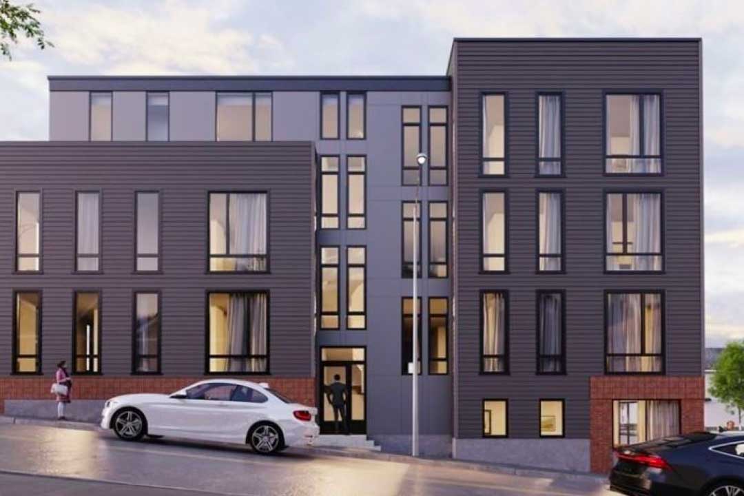 Modern architecture, modular look, 2-4 stories, on a slight hill.