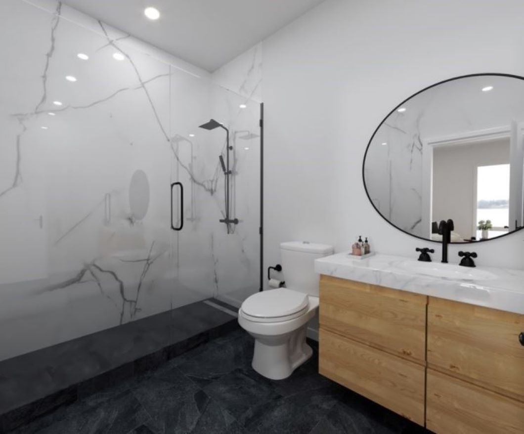 Bathroom including marble textures