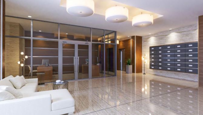 Marble lobby with mail boxes