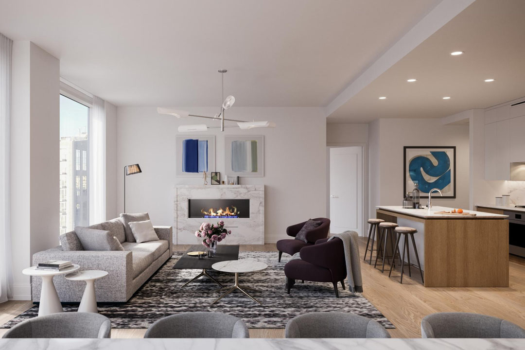 Kitchen island with sink overlooks living and dining areas with floor-to-ceiling windows. Modern fixtures, luxury plank flooring. Fireplace.