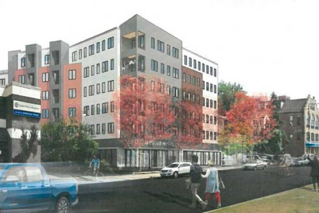 Rendering of street view of 6 story apartment building