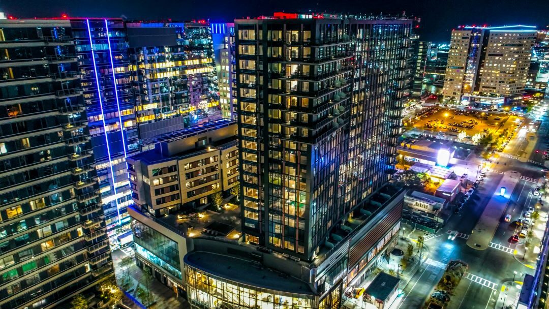 Nighttime bird's eye view of high-rise building