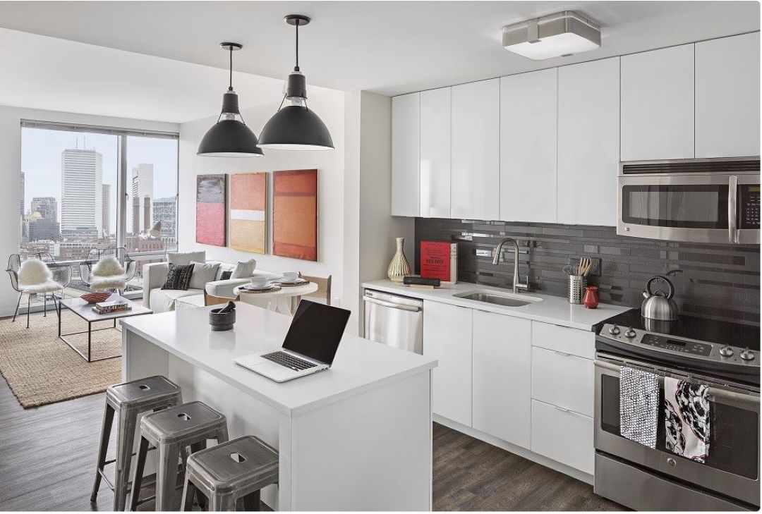 Modern kitchen with steel appliances, designer cabinetry and luxury plank flooring.