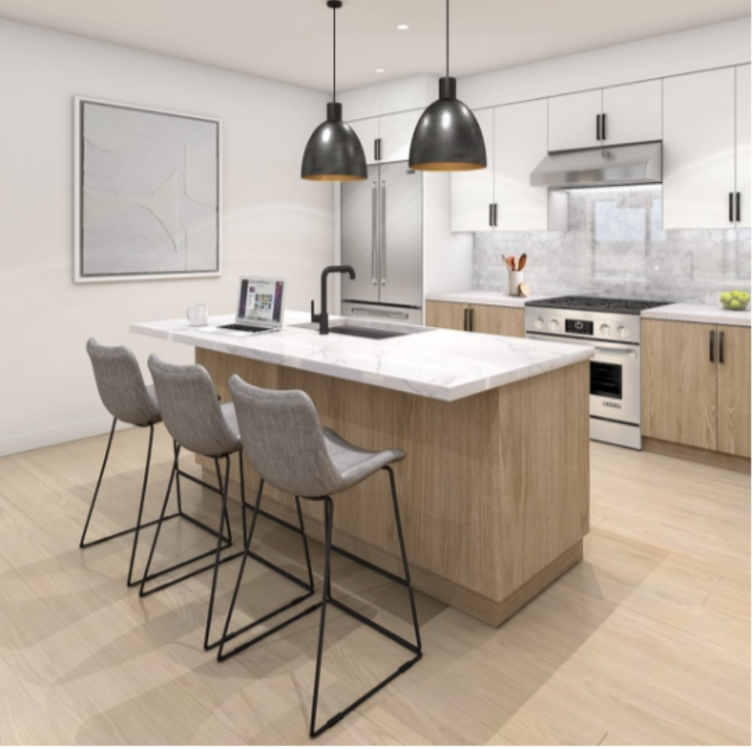Kitchen with white and wood cabinets, white countertops, big island, refrigerator, gas stove, and oven