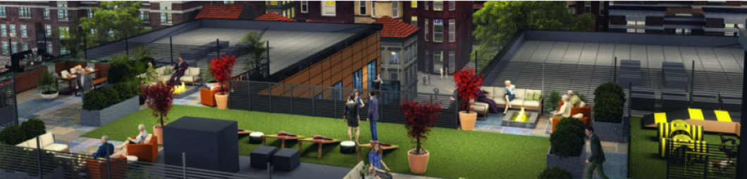 Landscaped rooftop deck with seating and lounge areas, fireplace, pet run