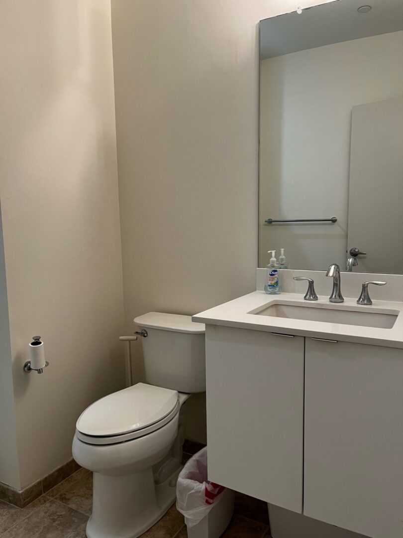 modern beige bathroom with vanity