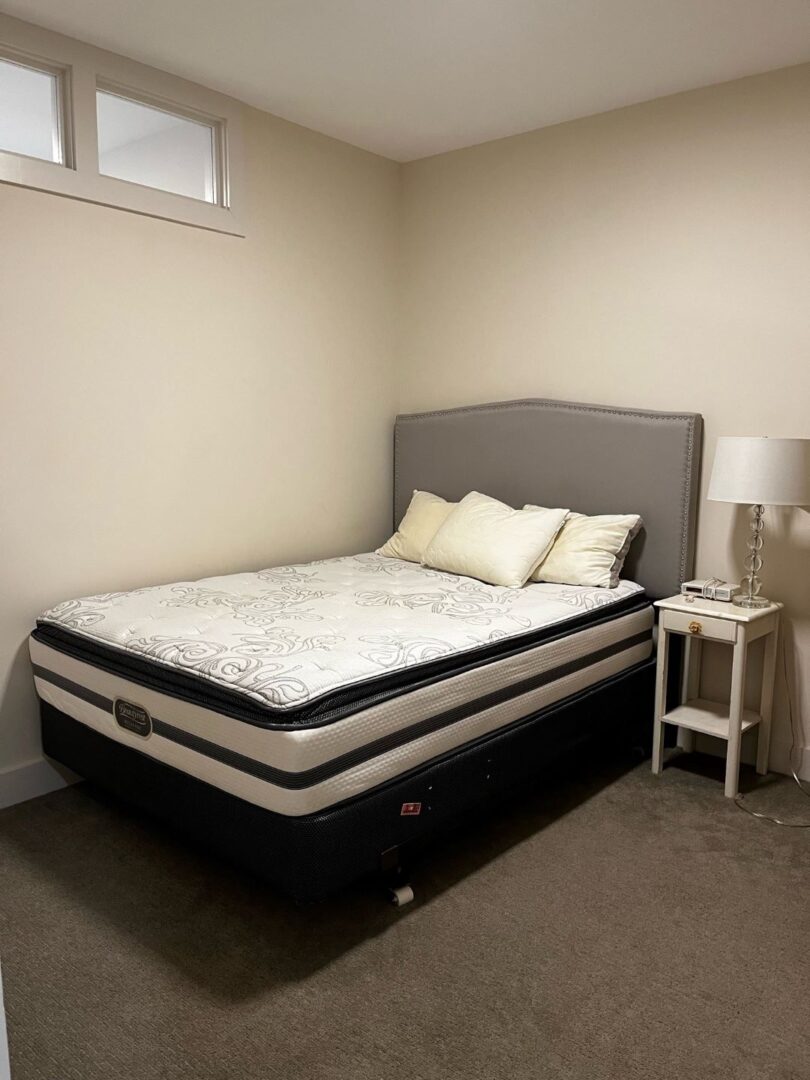 small beige bedroom with natural light and carpeting