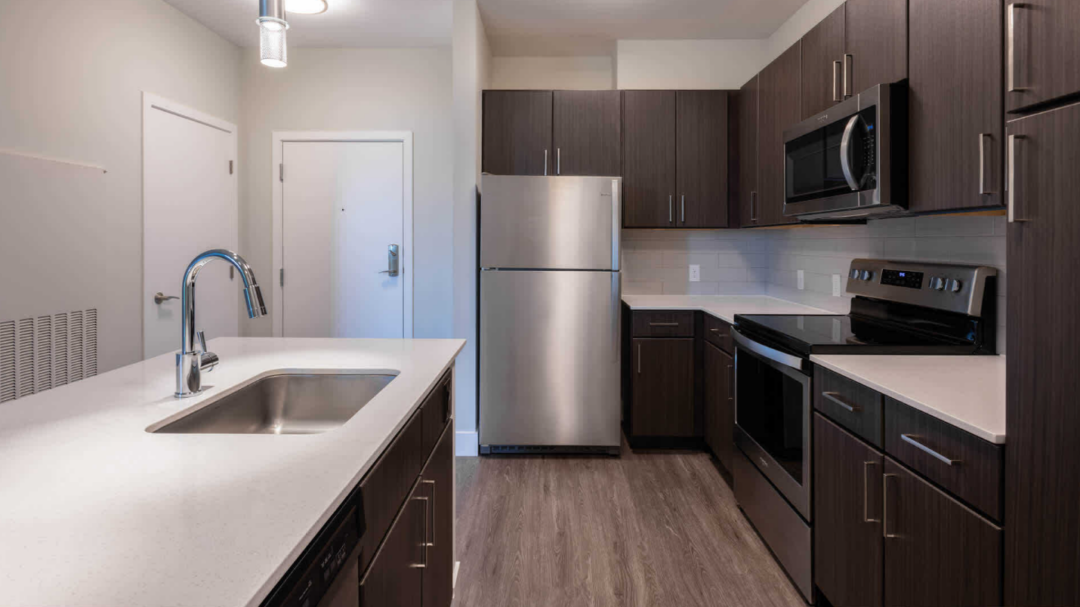 Modern kitchen with steel appliances, designer cabinetry and luxury wood flooring