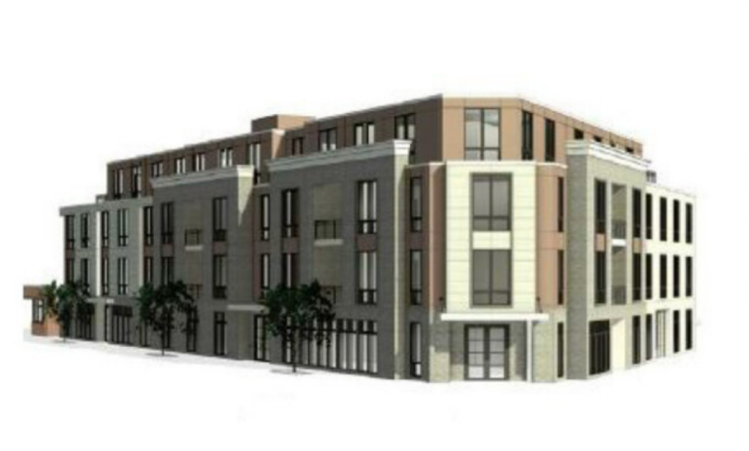 Side exterior shot of 4-story building