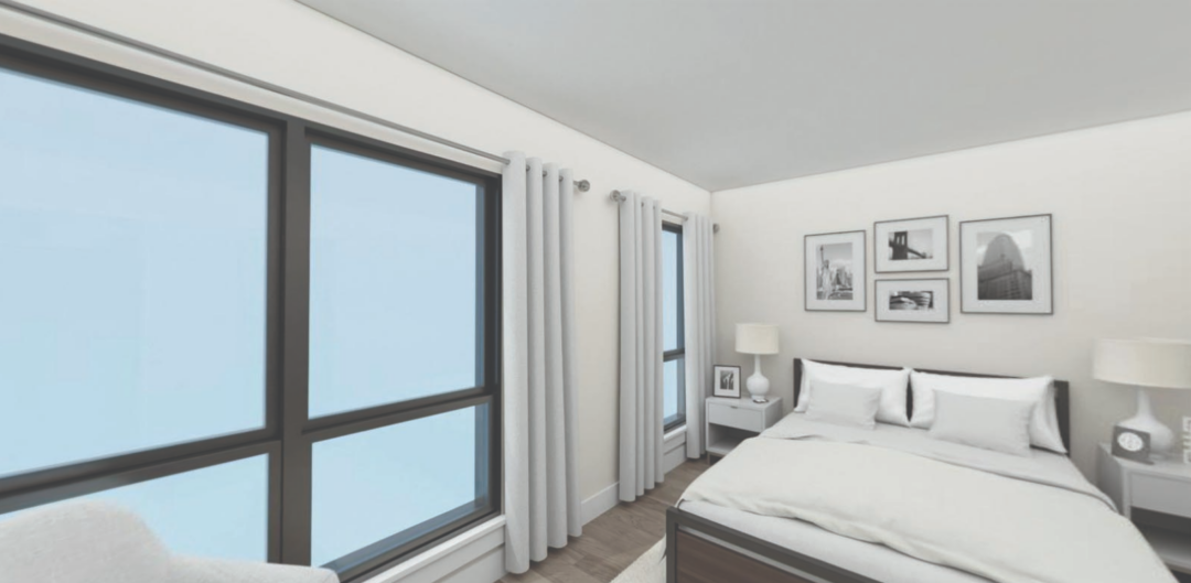 Bedroom with hardwood floors, and white walls