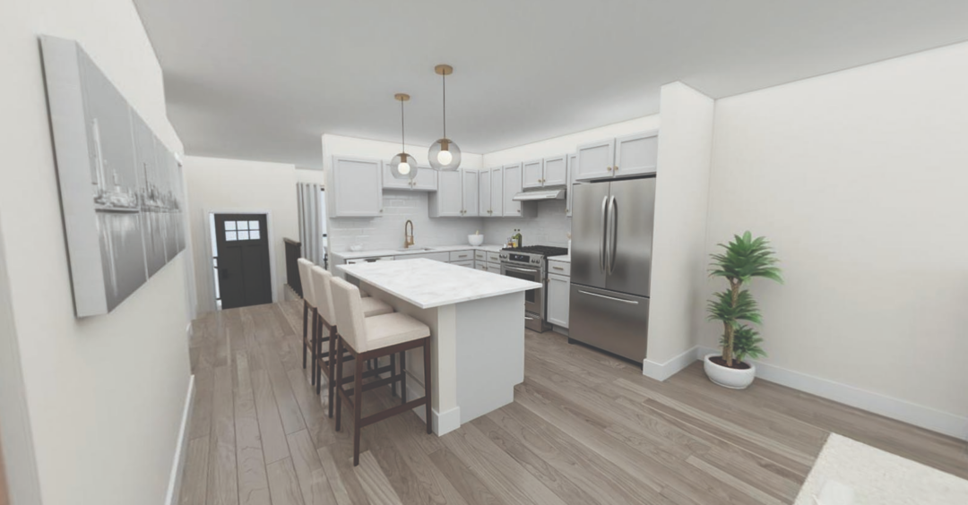 Open floor plan kitchen with white walls, island, modern cabinets and countertops, microwave, dishwasher, gas stove/oven, and refrigerator