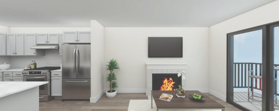 Living room with hardwood floors, fireplace, and attached balcony