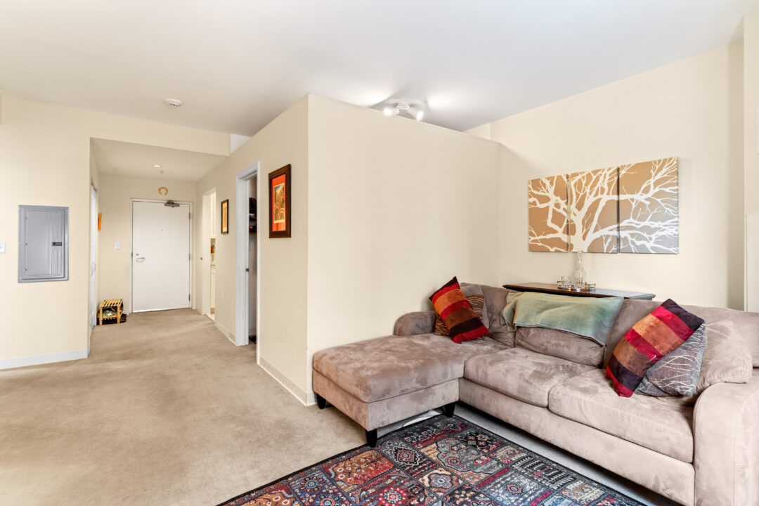 modern living room with beige walls and carpet floors