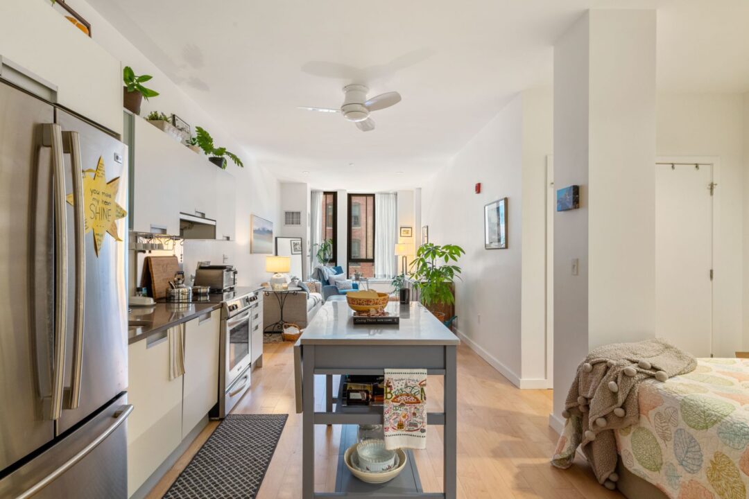 modern kitchen with stainless steel appliances, designer cabinets and luxury flooring