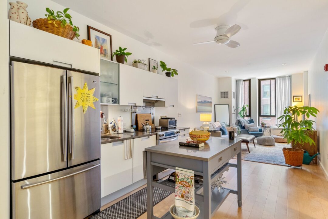 modern kitchen with stainless steel appliances, designer cabinets and luxury flooring