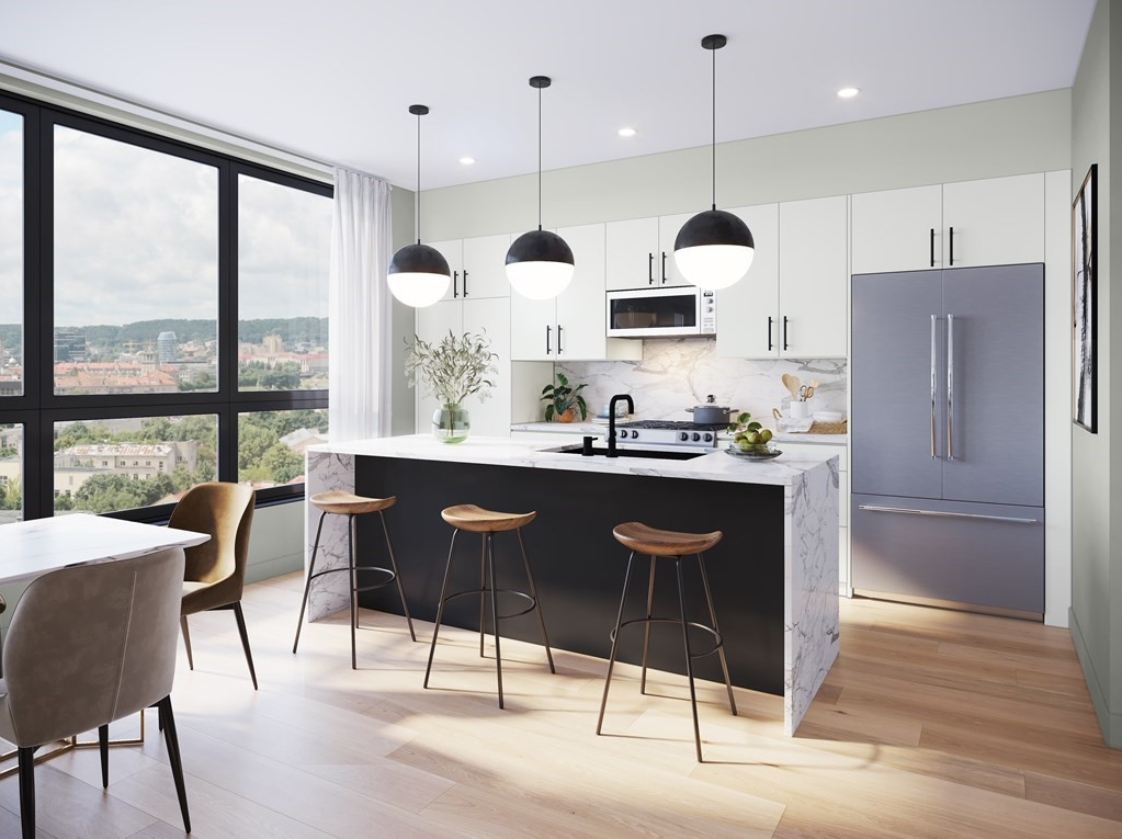 Open floor plan kitchen with floor-to-ceiling windows