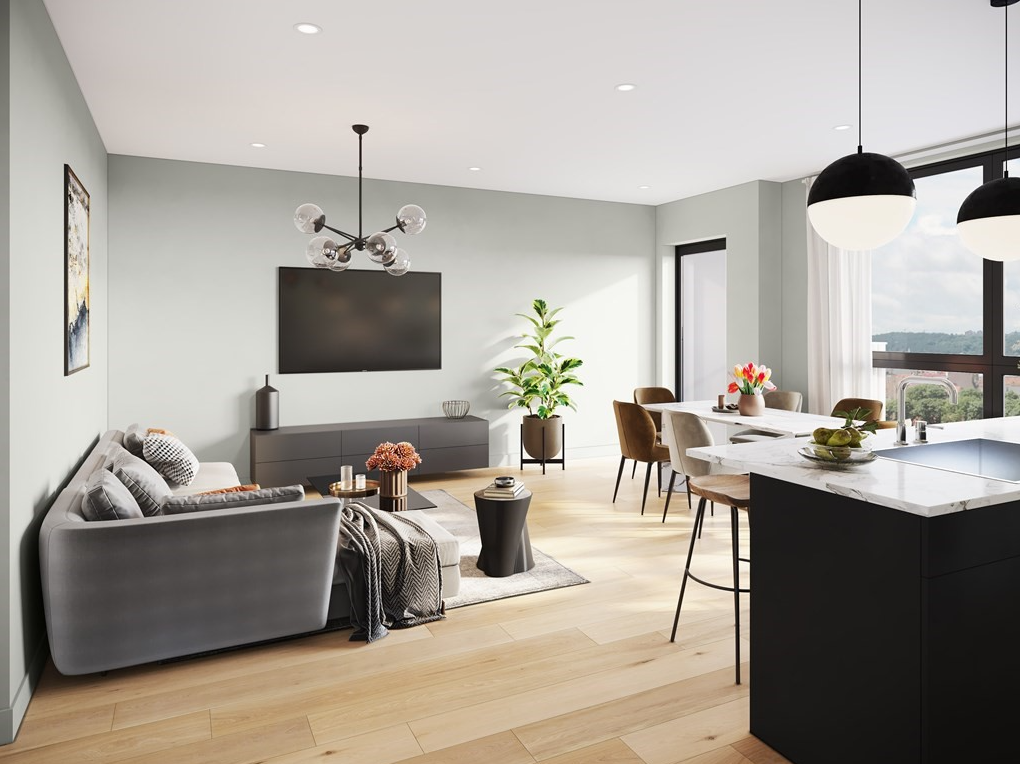 Open floor plan living room with hardwood floors