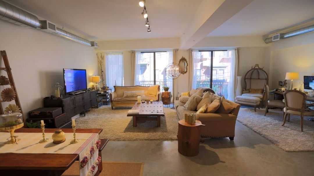 modern living area with large windows