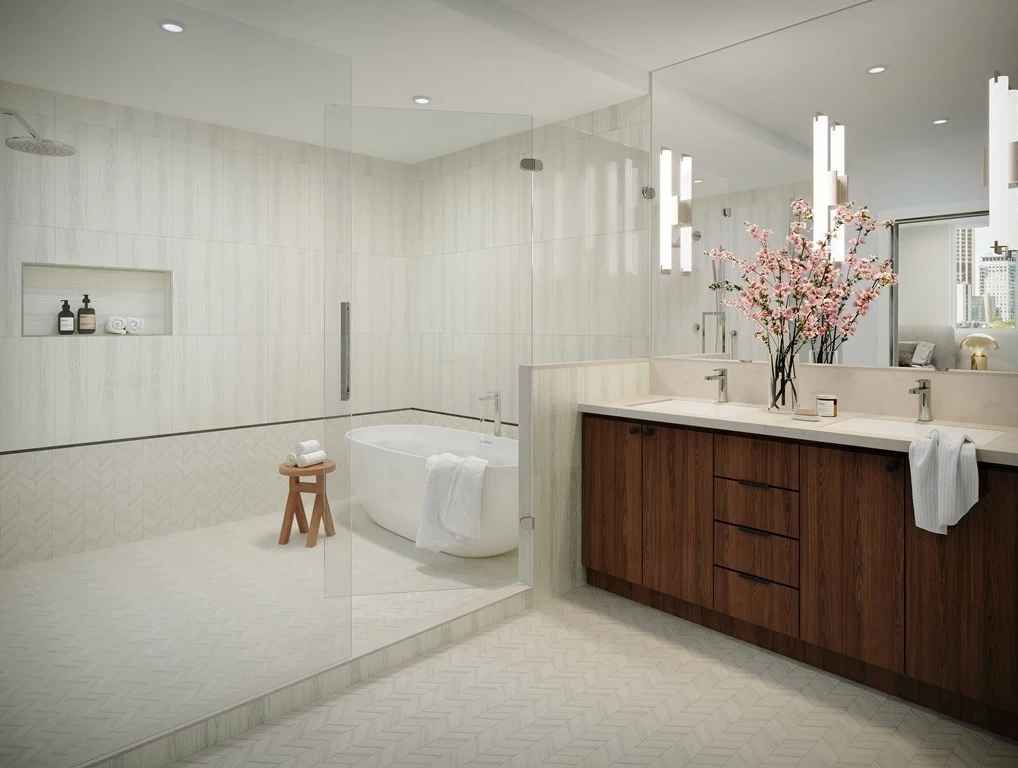 Bathroom with shower stall with tub inside