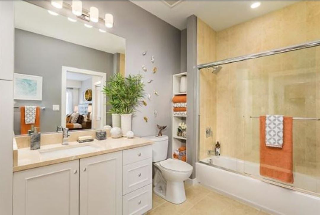 modern bathroom with tile tub and floors