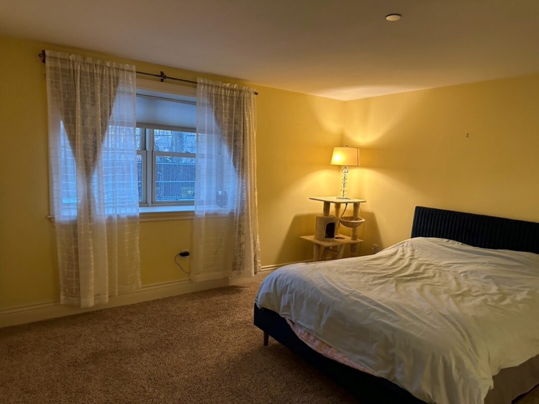 small beige bedroom with picture window and carpet
