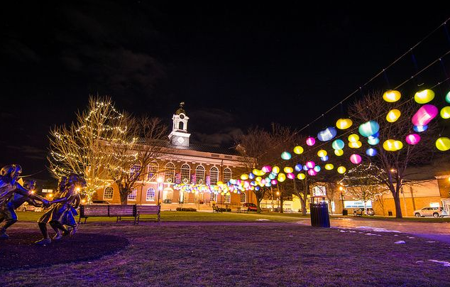 Needham Town Hall at night