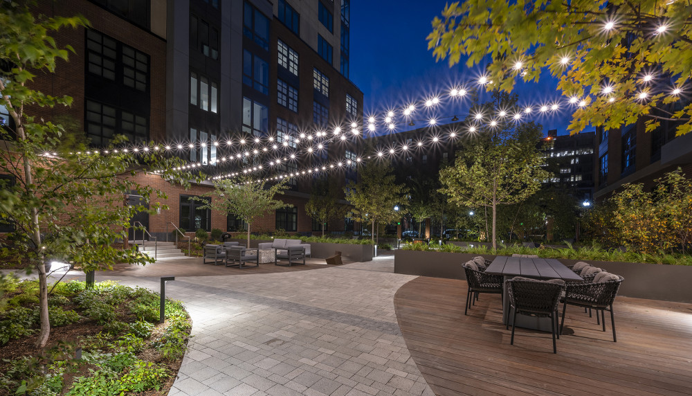 Nighttime garden views at The Smith in the South End