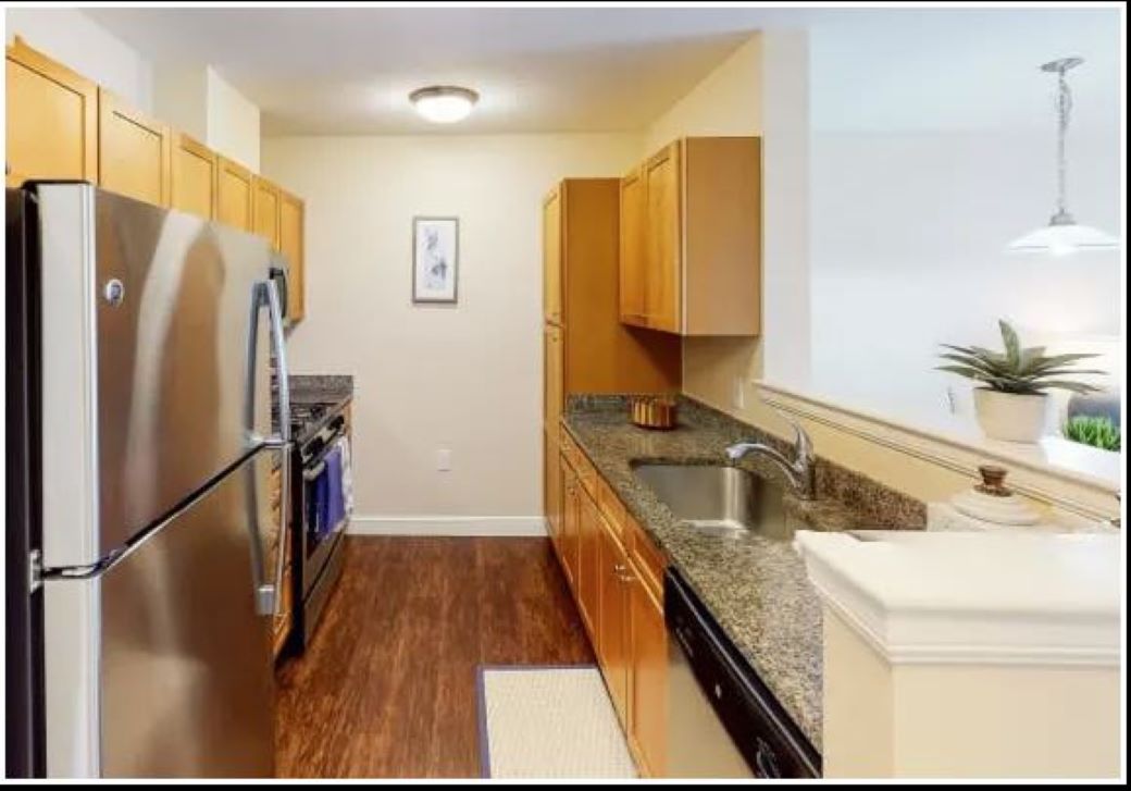 updated kitchen with modern cabinets, and appliances and hardwood floors