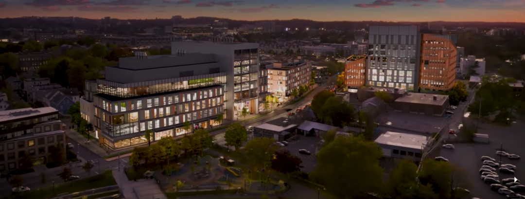 Night time view of Allston Labworks in Allston