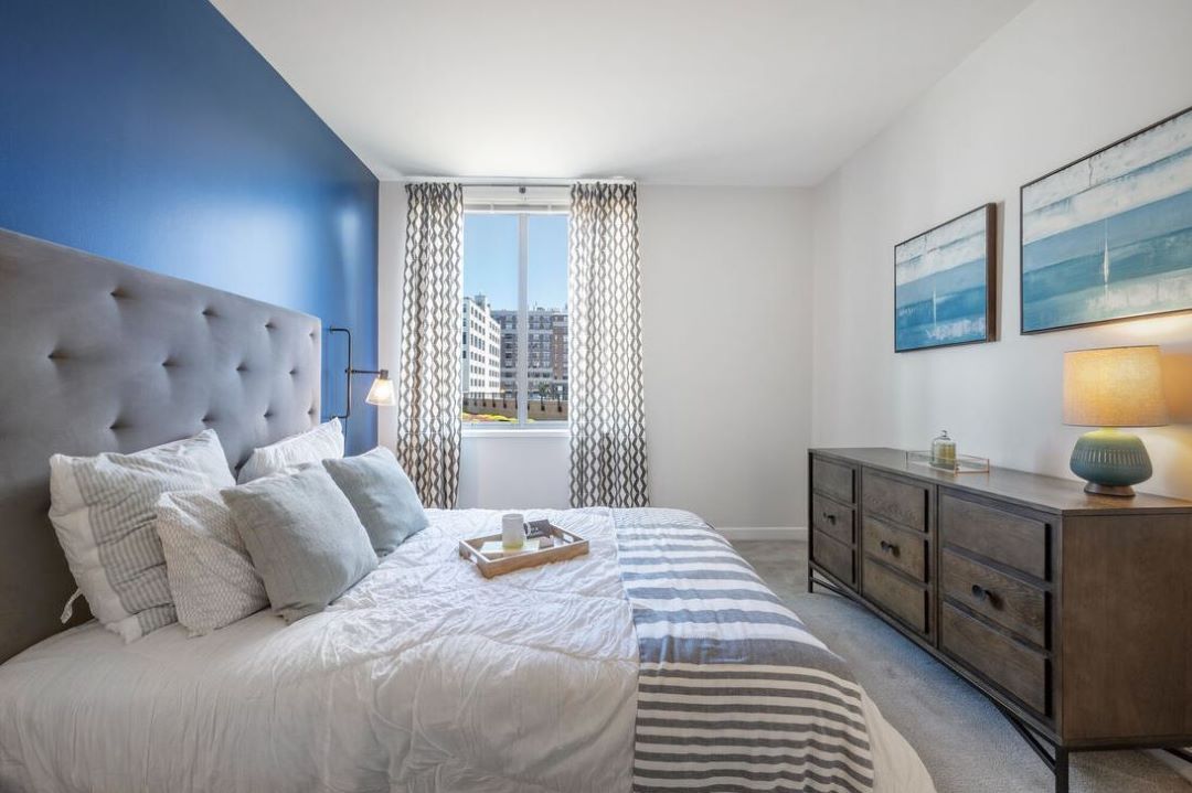 white and blue bedroom with window for natural light and grey carpets