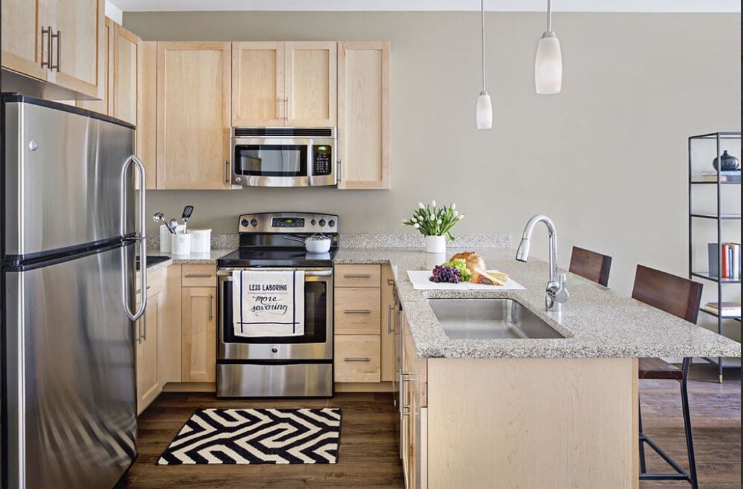 modern kitchen with stainless steel appliances and wood floors