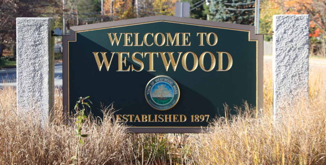 Town sign in Westwood for 436 Washington Street