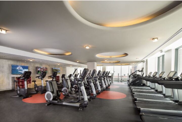 fitness center with a variety of exercise equipment