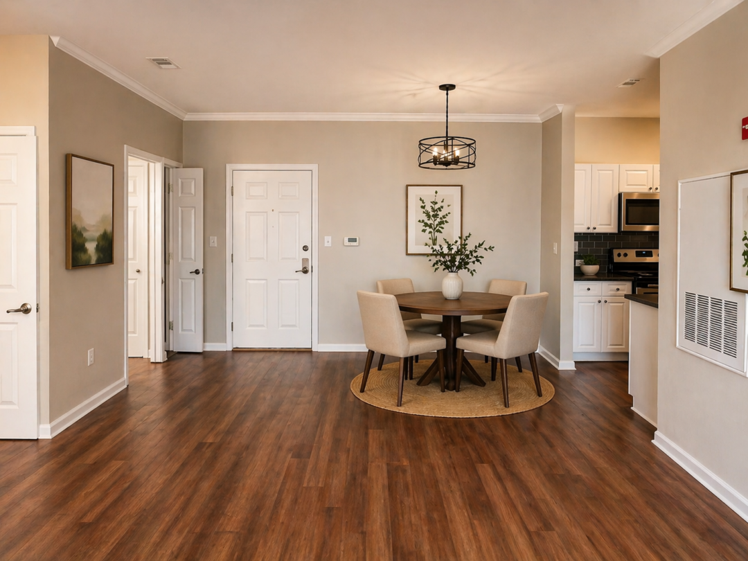 Dining area with wooden floor, beige walls and a white ceiling, featuring a round wooden table with four upholstered chairs on a circular rug. A hanging light fixture is centered above the table, which is styled with a white vase and greenery. Framed artwork hangs on the walls, and a kitchen with white cabinets and a dark backsplash is visible in the background.